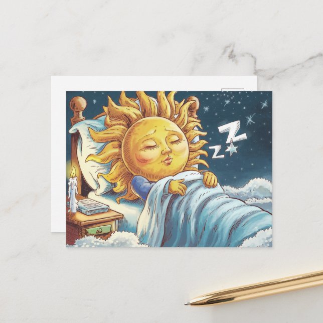 Sleepy whimsical sunshine in bed  postcard (Front/Back In Situ)