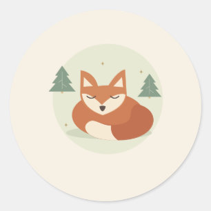 Sleepy Woodland Fox and Evergreen Trees Classic Round Sticker