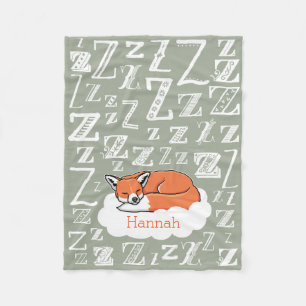Sleepy Woodland Fox Zzz, Personalized Child's Name Fleece Blanket