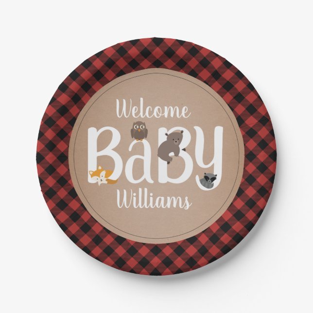 Sleepy Woodland Plaid Baby Shower Paper Plate (Front)