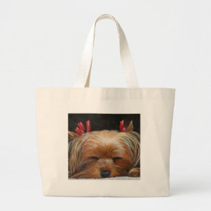 Sleepy Yorkie with Bows Pet Art Gifts Large Tote Bag