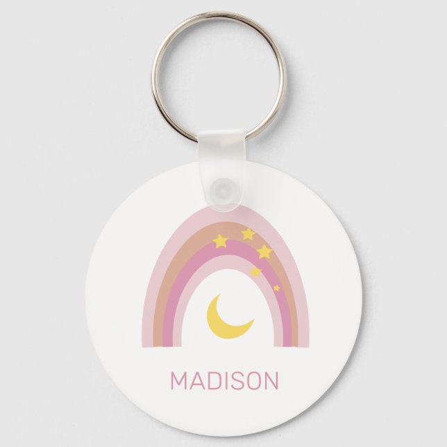 'Sleepytime Rainbow', Girls Cute Boho Pink custom  Keychain (Front)