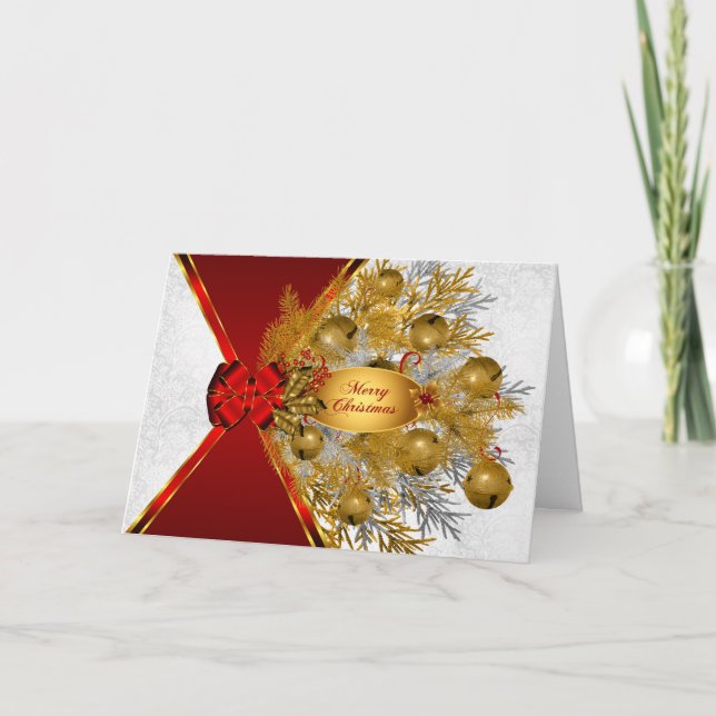 Sleigh Bells in Gold with Silver and Red Holiday Card (Front)