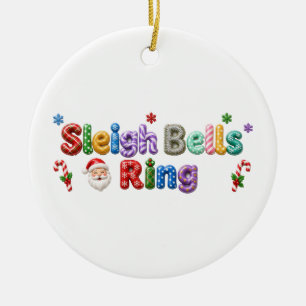Sleigh Bells Ring Silver Tinsel Candy Cane Ceramic Ornament