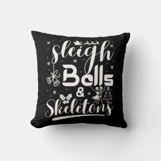 Sleigh bells & skeletons dancing funny christmas throw pillow
