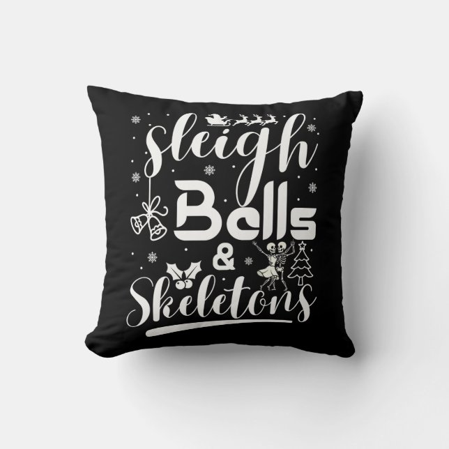 Sleigh bells & skeletons dancing funny christmas throw pillow (Front)