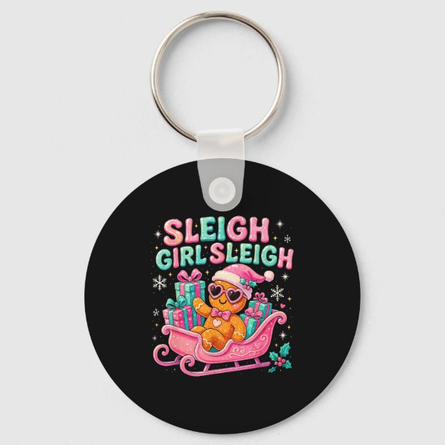 Sleigh Girl Cute Gingerbread Christmas Art  Keychain (Front)