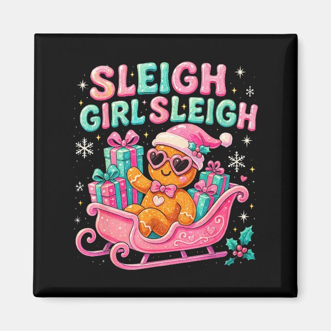 Sleigh Girl Cute Gingerbread Christmas Art  Magnet (Front)