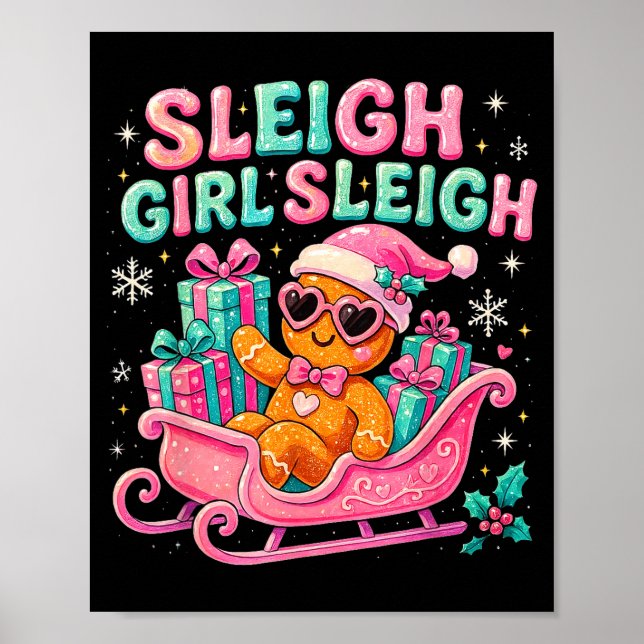 Sleigh Girl Cute Gingerbread Christmas Art  Poster (Front)