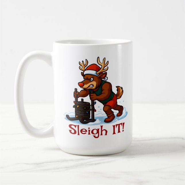 Sleigh It – Funny Christmas Reindeer Gym Workout Coffee Mug (Left)