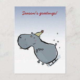 Sleigh riding hippo (editable words) holiday postcard