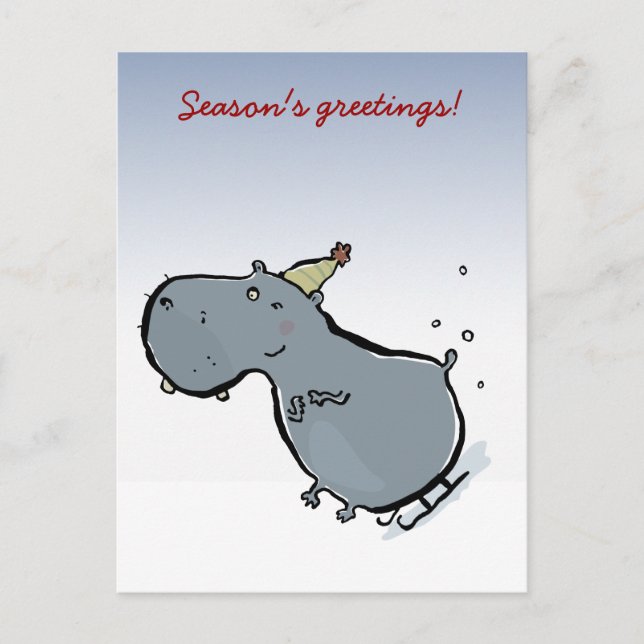 Sleigh riding hippo (editable words) holiday postcard (Front)