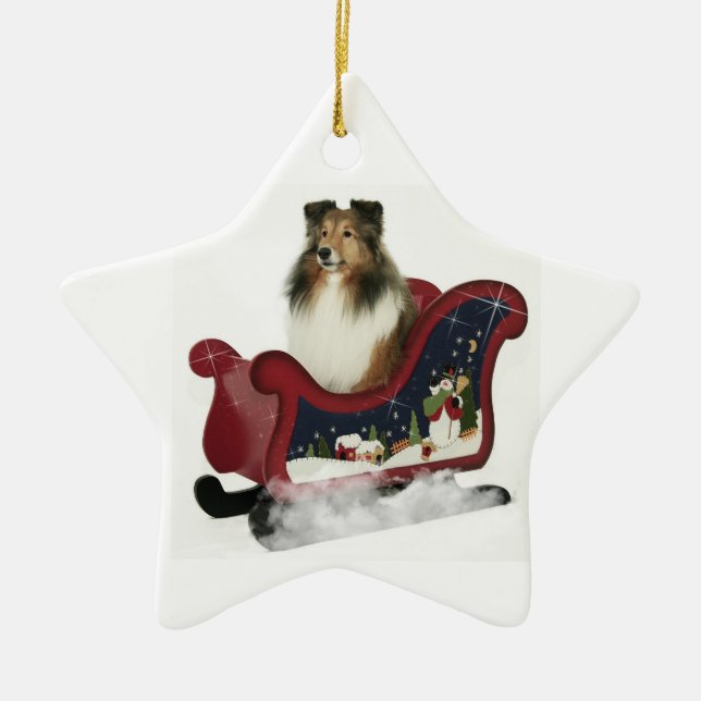 Sleigh Sheltie Ceramic Ornament (Front)