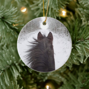 Sleigh View of Black Horse, Snowy Tree Lined Road Ceramic Ornament