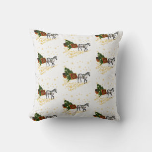 Sleigh with dapple horse and tree throw pillow