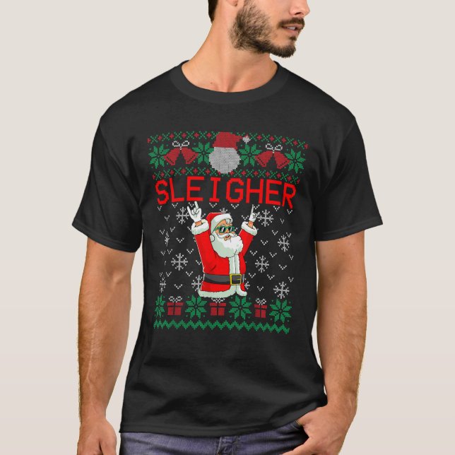 Sleigher Heavy Metal Music Hail Santa Ugly Christm T-Shirt (Front)