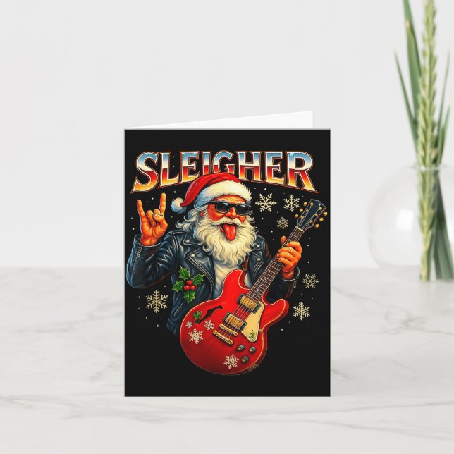 Sleigher Rock Santa Funny Metal Christmas Design  Card (Front)