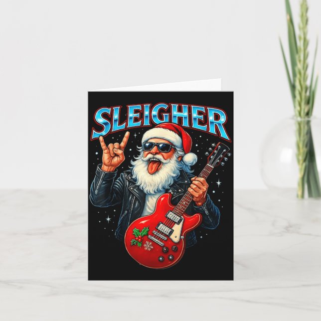 Sleigher Rock Santa Funny Metal Christmas Design  Card (Front)