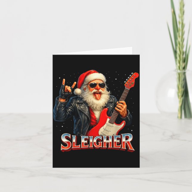 Sleigher Rock Santa Funny Metal Christmas Design  Card (Front)