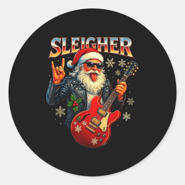 Sleigher Rock Santa Funny Metal Christmas Design  Classic Round Sticker (Front)