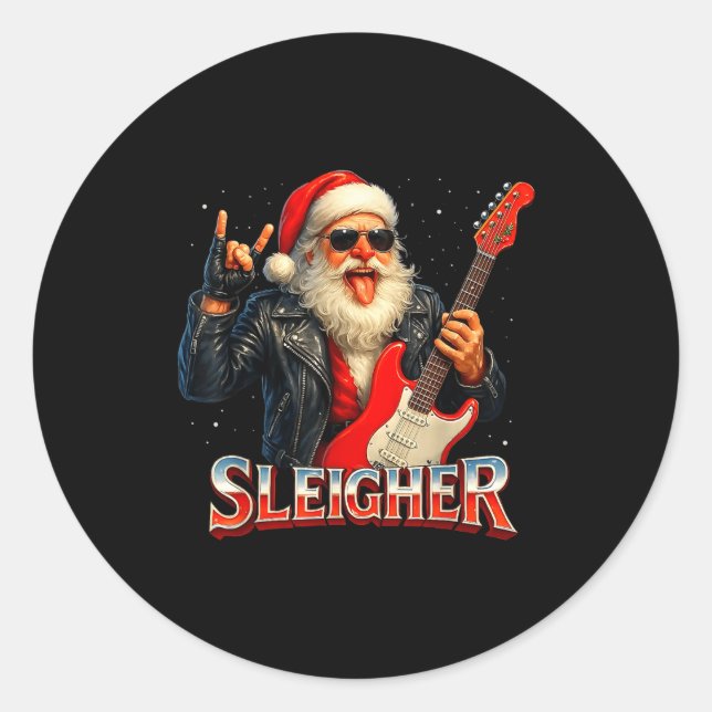 Sleigher Rock Santa Funny Metal Christmas Design  Classic Round Sticker (Front)