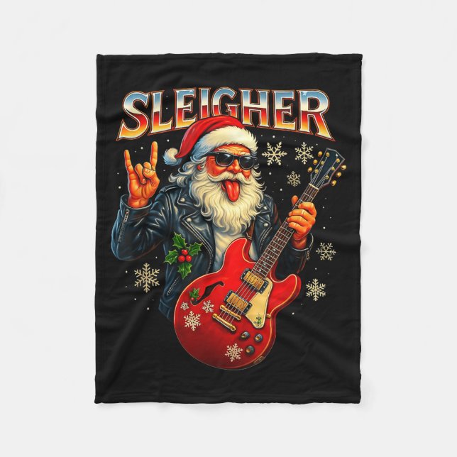 Sleigher Rock Santa Funny Metal Christmas Design  Fleece Blanket (Front)