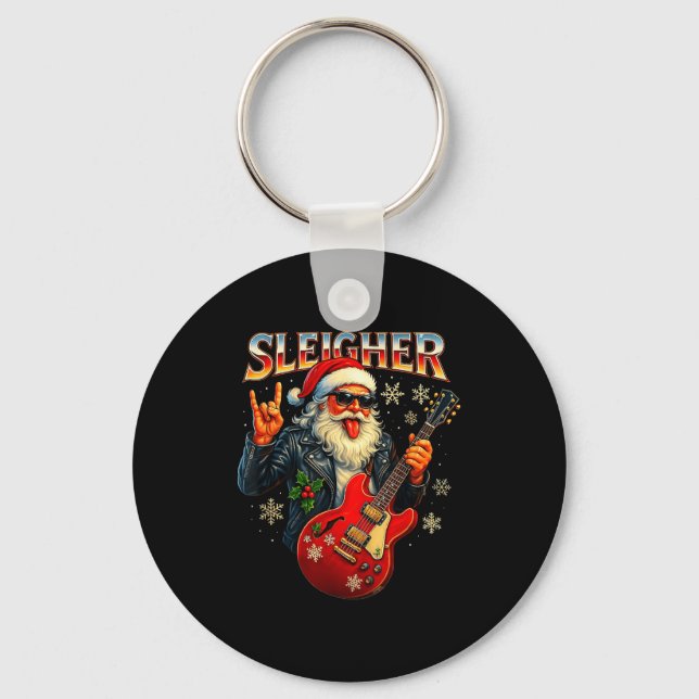 Sleigher Rock Santa Funny Metal Christmas Design  Keychain (Front)