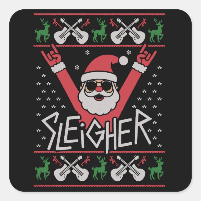 Sleigher Santa Christmas Rock n Roll Ugly Sweat Square Sticker (Front)