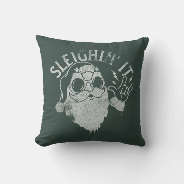 Sleighin It Funny Santa Sleigh Christmas Throw Pillow (Front)