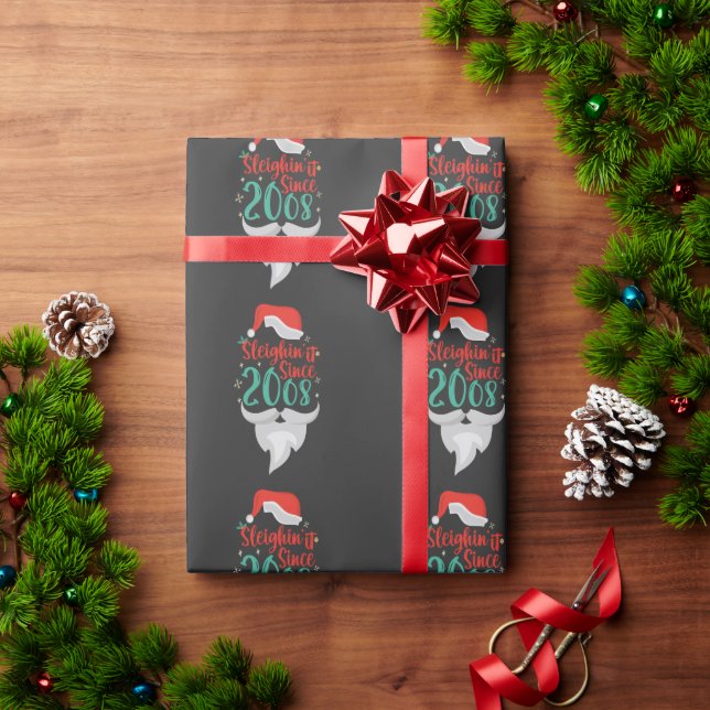 Sleighin it Since 2008 Christmas Birthday Santa  Wrapping Paper (Holiday Gift)