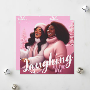 Sleighin' Sisters Festive Laughter Pastel Pink Holiday Card