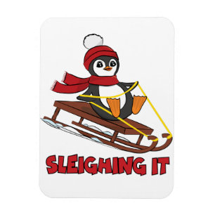 Sleighing It - Snow Sledding Cute Penguin Winter Magnet