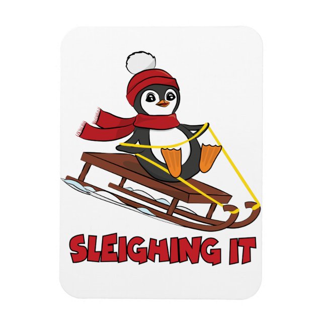 Sleighing It - Snow Sledding Cute Penguin Winter Magnet (Vertical)