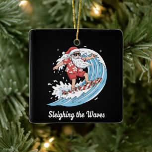 "Sleighing the Waves" Funny Surfing Santa Tropical Ceramic Ornament