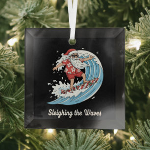 "Sleighing the Waves" Funny Surfing Santa Tropical Glass Ornament