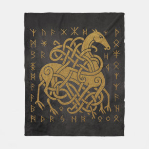 Sleipnir, Golden Norse Horse with Runes Symbol Fleece Blanket