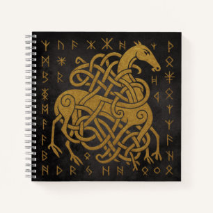 Sleipnir, Golden Norse Horse with Runes Symbol Notebook