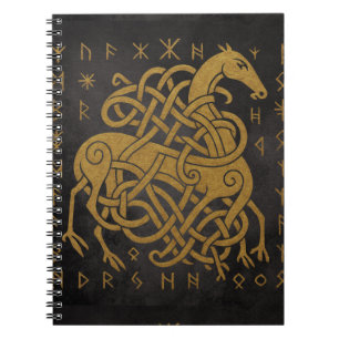 Sleipnir, Golden Norse Horse with Runes Symbol Notebook