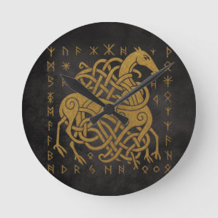 Sleipnir, Golden Norse Horse with Runes Symbol Round Clock