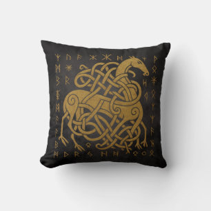 Sleipnir, Golden Norse Horse with Runes Symbol Throw Pillow