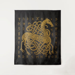Sleipnir Norse Rune Circle – Golden Viking Horse D Tapestry
