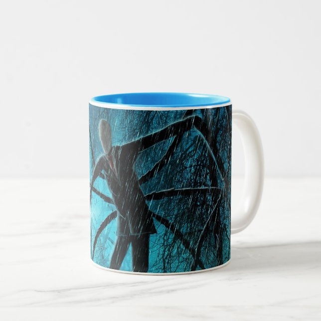 Slender Man in the Woods Two-Tone Coffee Mug (Front Right)
