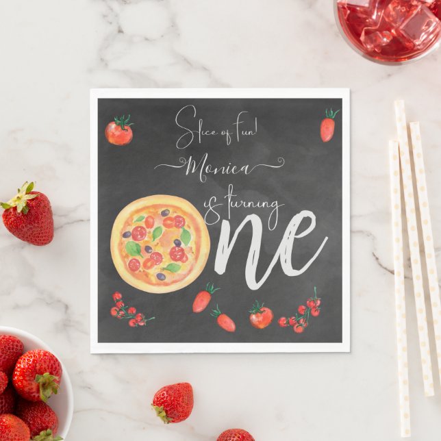 Slice of fun, first pizza birthday napkin (Insitu)