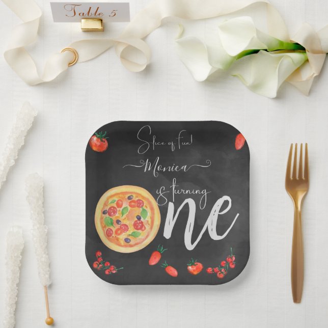 Slice of fun, first pizza birthday paper plate (Wedding)