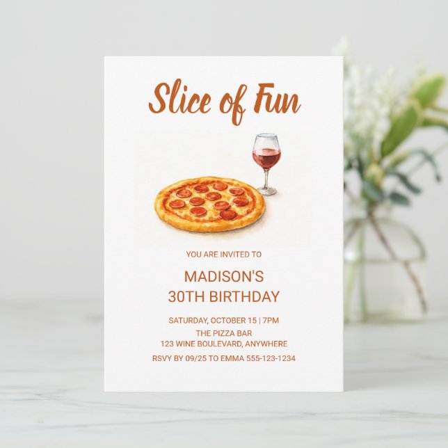Slice Of Fun Pizza & Wine Adult Birthday Party Invitation (Standing Front)