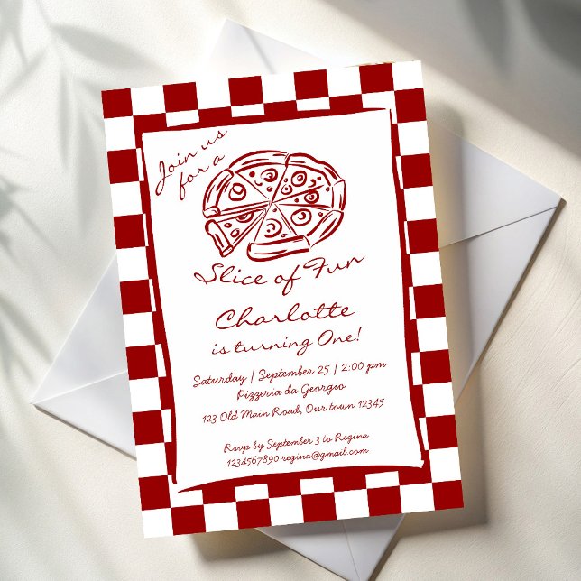 Slice of fun red check Italian pizza birthday Invitation (Slice of fun hand drawn red check Italian pizza birthday Invitation cards template)