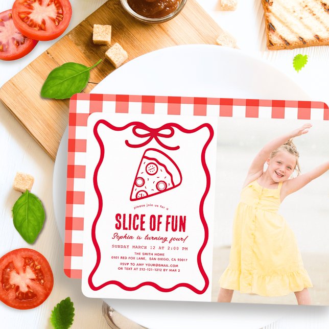 Slice of Fun Red Hand-drawn Pizza Photo Birthday Invitation (Creator Uploaded)