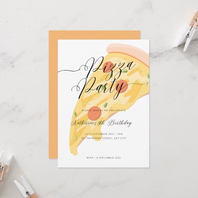 Slice of Fun! Watercolor Pizza Party Birthday  Invitation (Front/Back In Situ)