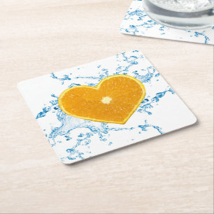 Slice of Heart-Shaped Orange Square Paper Coaster