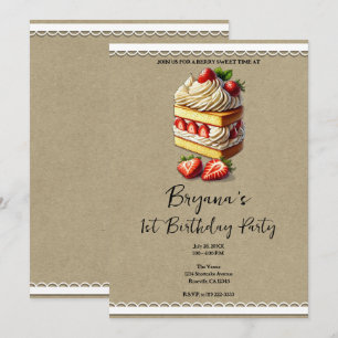 Slice of Strawberry Shortcake 1st 1 Birthday Party Invitation